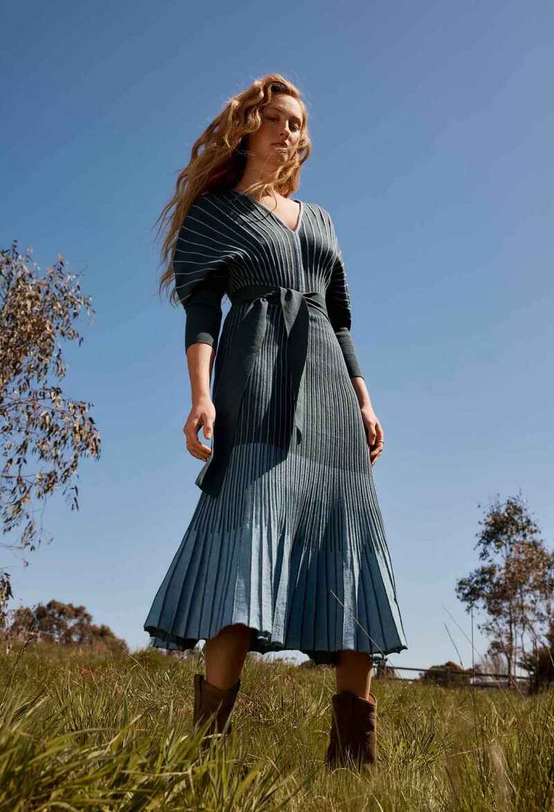 ONCE WAS Equinox Wool Midi Dress Bluest